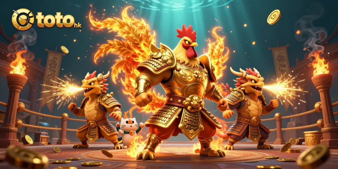 Mengamankan kemenangan di toto hk dengan ilustrasi karakter 3D bertarung di arena dengan efek emas dan debu api.