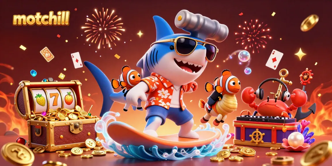 Engage with motchill's thrilling gameplay featuring a shark surfing on gold coins amidst slot machines and playful sea creatures.