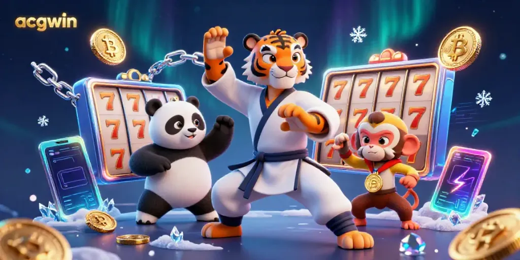 Experience gaming excitement with acgwin, featuring a kung fu tiger, panda, and monkey amidst slot reels and crypto elements.