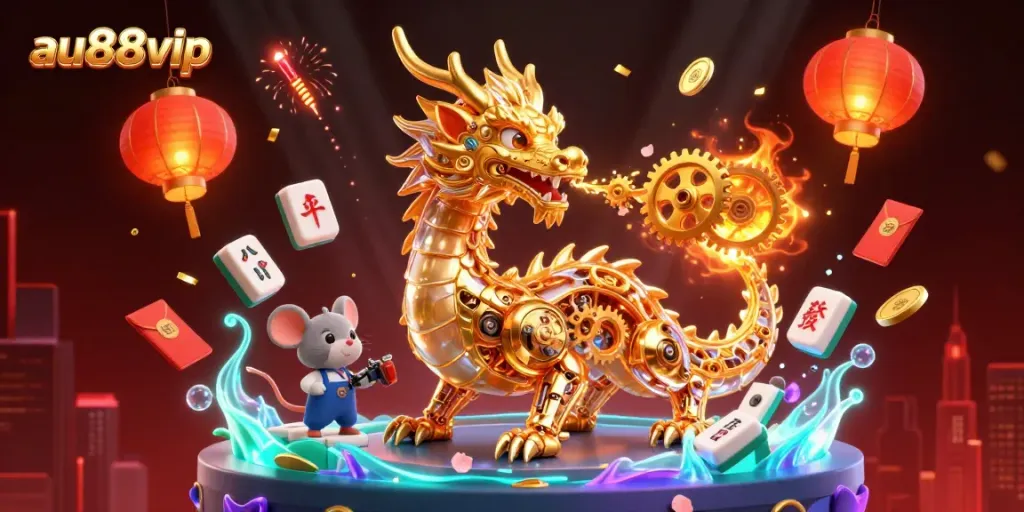 Experience thrilling wins at au88vip with the dynamic 3D golden dragon, engineer, and festive gambling elements.