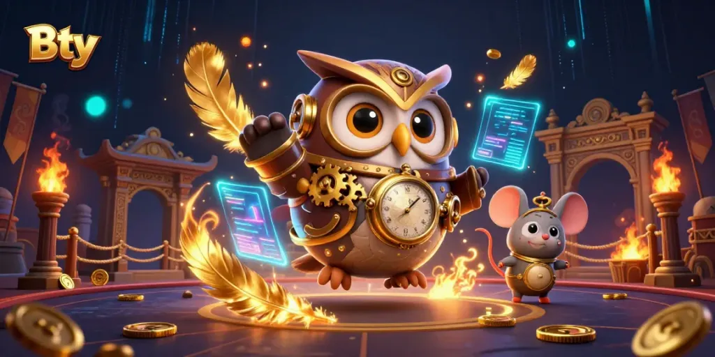 Bty promotes safe online betting with a steampunk owl and clockwork mouse in a vibrant casino scene.