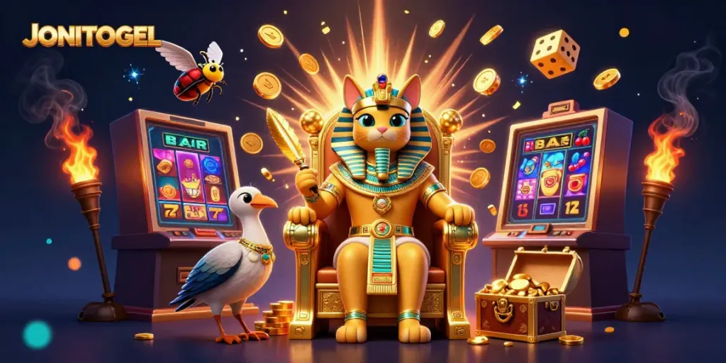 Experience the magic of JONITOGEL with a rich display of engaging casino-themed elements and characters.