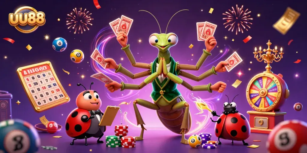 Experience the excitement of uu88 at this vibrant online casino illustration, showcasing dynamic gaming elements.
