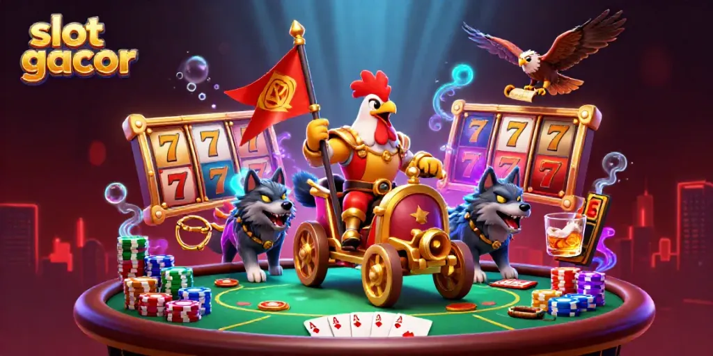 Slot gacor seru dengan karakter kartun unik dan elemen permainan kasino yang menarik.