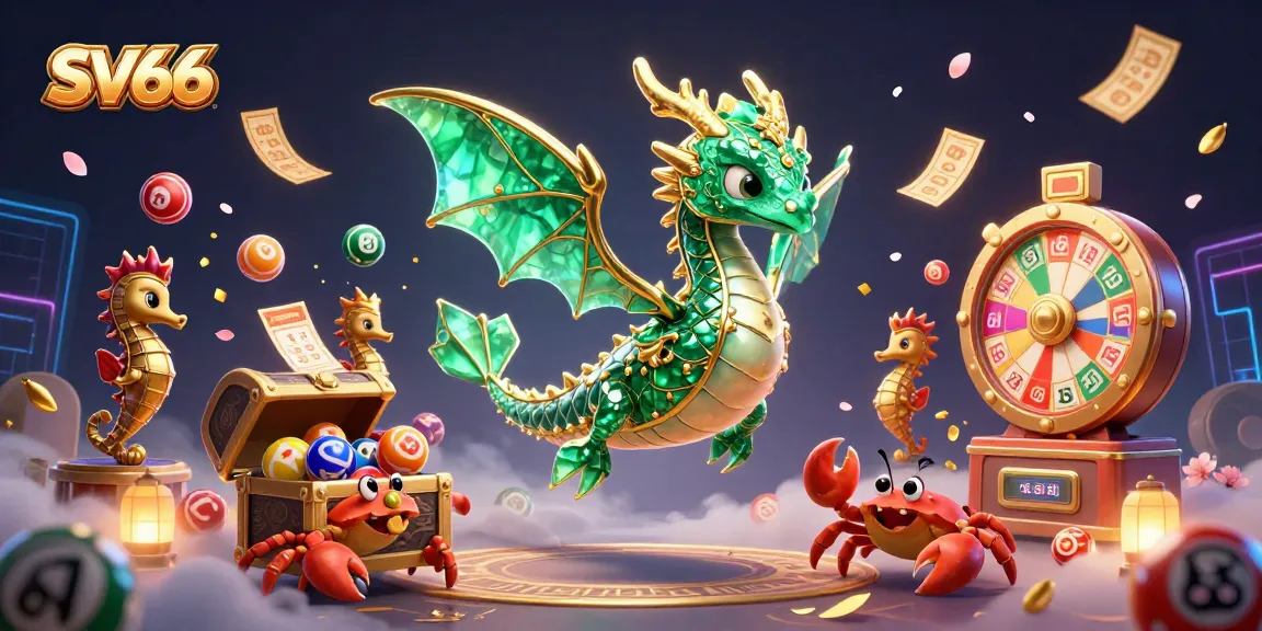 SV66 casino adventure with a leafy sea dragon, treasure chest, and lottery elements amidst vibrant symbols.