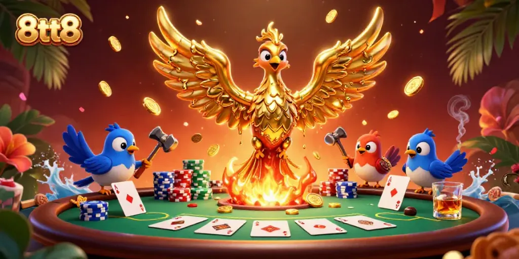 Experience the thrill of winning with 8tt8 in this captivating casino scene featuring golden phoenix and poker elements.