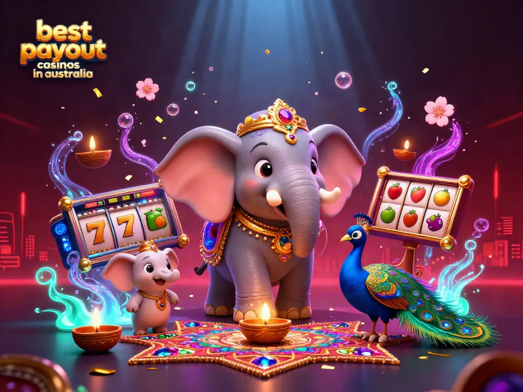 Experience the thrill of the best payout casinos in Australia with vibrant 3D characters and casino elements.