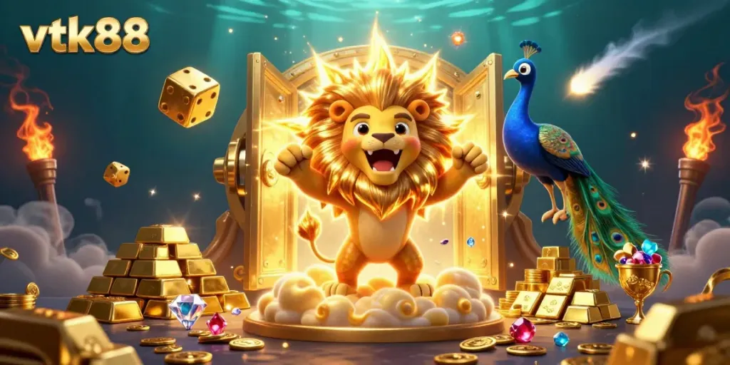 Experience the excitement of vtk88 with golden treasures and a roaring lion in a vibrant, immersive digital scene.