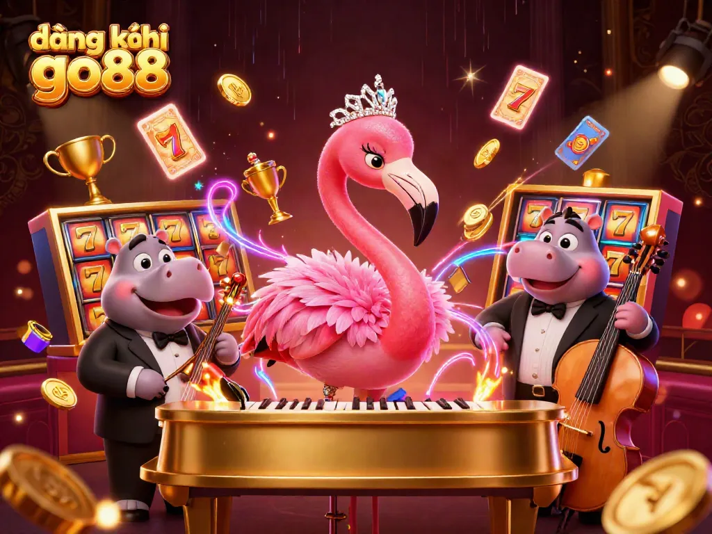 Engage in excitement at đăng ký go88 with a vibrant casino scene featuring a flamingo singer and dynamic slot elements.