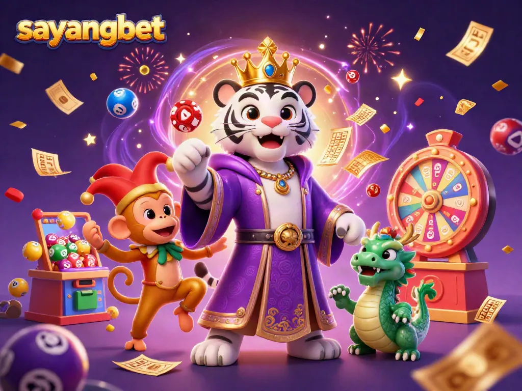 Engaging casino scene featuring sayangbet with a royal white tiger, a jester monkey, and vibrant game elements.