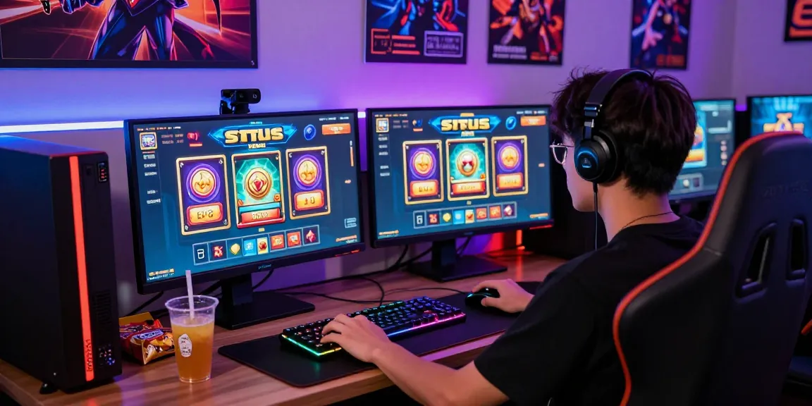 Player exploring situs slot games in an exciting gaming environment with dual monitors and RGB lighting.