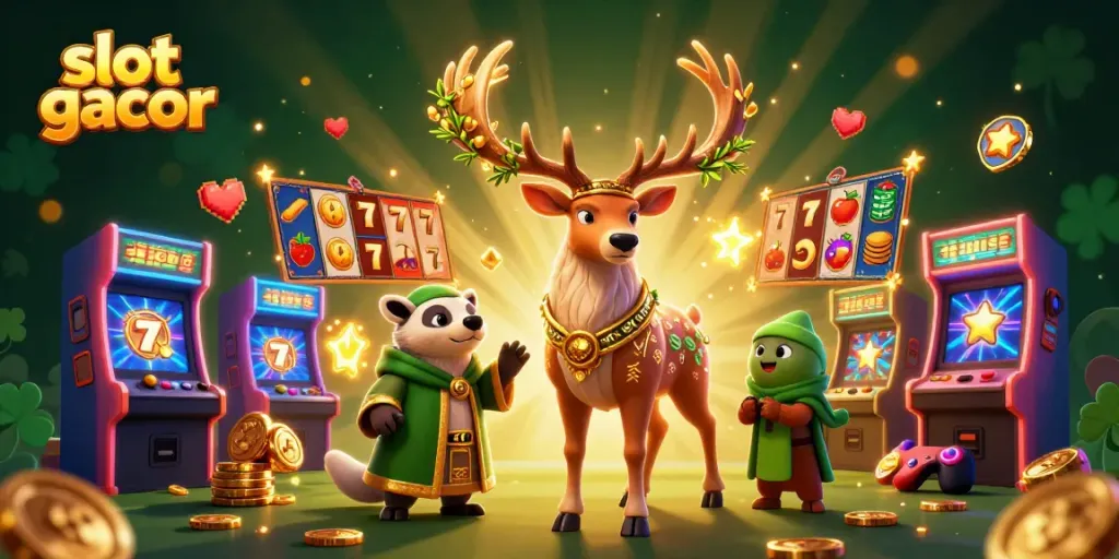 Experience the excitement of slot gacor with dynamic characters and symbols in a 3D scene.