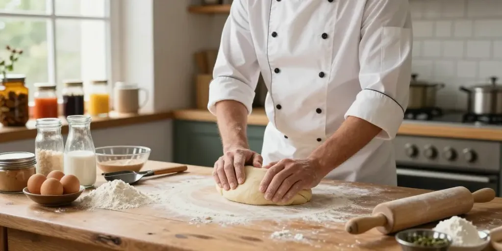 Artisan baker at work with dough, fresh ingredients, and warm kitchen ambiance at www.torinobaking.com.