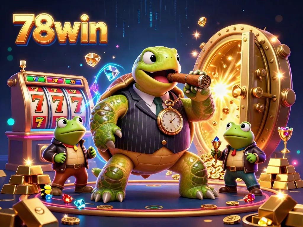 Experience the thrill of 78win with a vibrant 3D casino scene featuring a snapping turtle in mobster style.