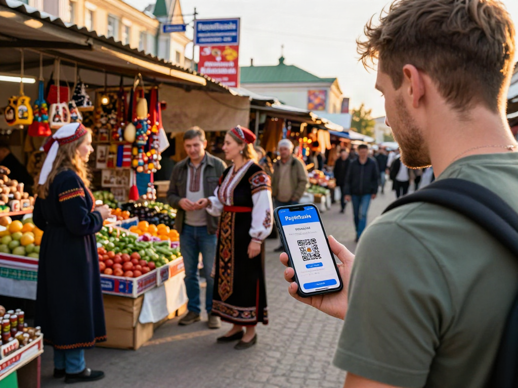Pengunjung menggunakan aplikasi https://payinrussia.com/ di pasar Rusia yang ramai, dikelilingi oleh barang lokal yang berwarna-warni.