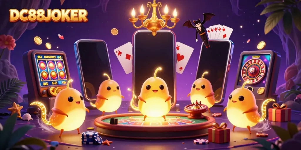 Experience the excitement of DC88JOKER with glowworms lighting up a lively cave casino.