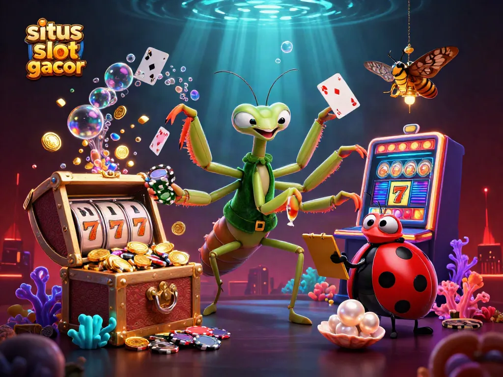 Situs slot gacor dengan slot machine dan makhluk lucu menarik jackpot dari peti harta karun yang meledak dengan koin emas.