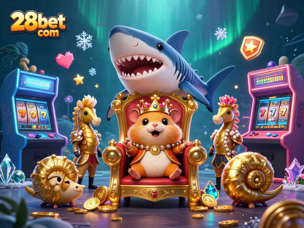 Engage with 28bet com in a vibrant casino scene featuring a golden hamster king and arcade games.