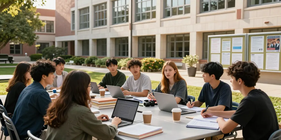 Students discussing slot gacor strategies in a vibrant university setting, engaging collaboration.