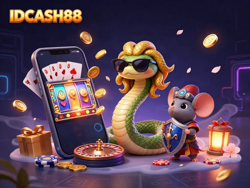 Experience the excitement of IDCASH88 with this vibrant 3D illustration featuring engaging characters and dynamic casino elements.