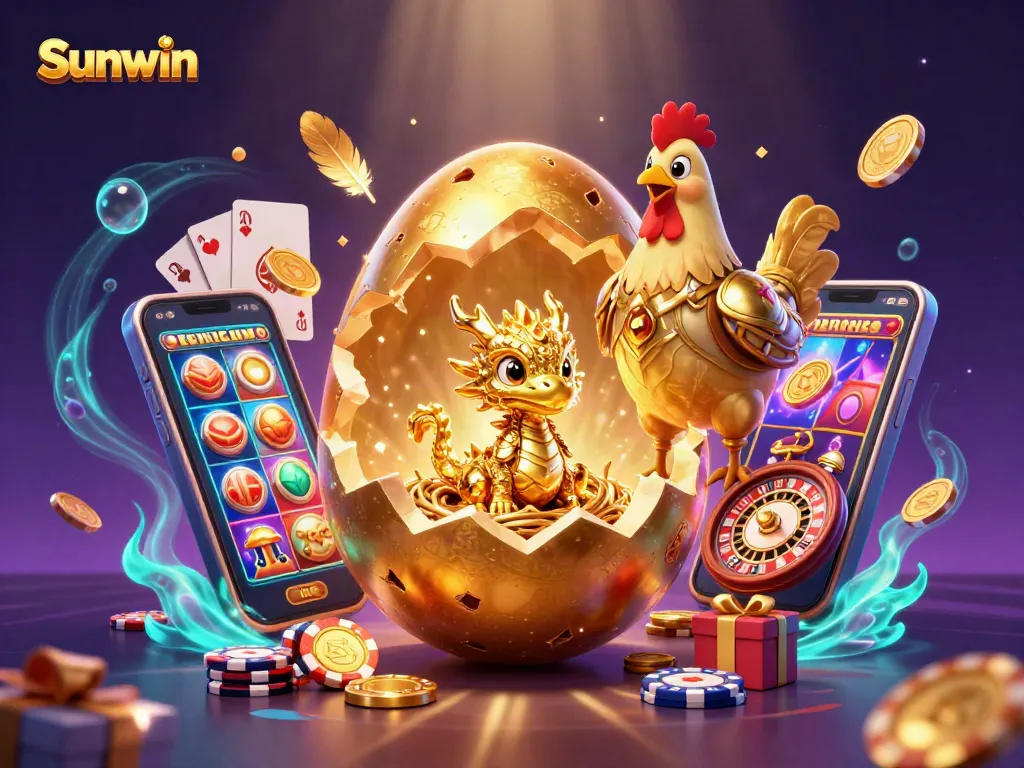 Play exciting games at Sunwin, where a golden dragon emerges from a jackpot egg amidst vibrant gaming elements.