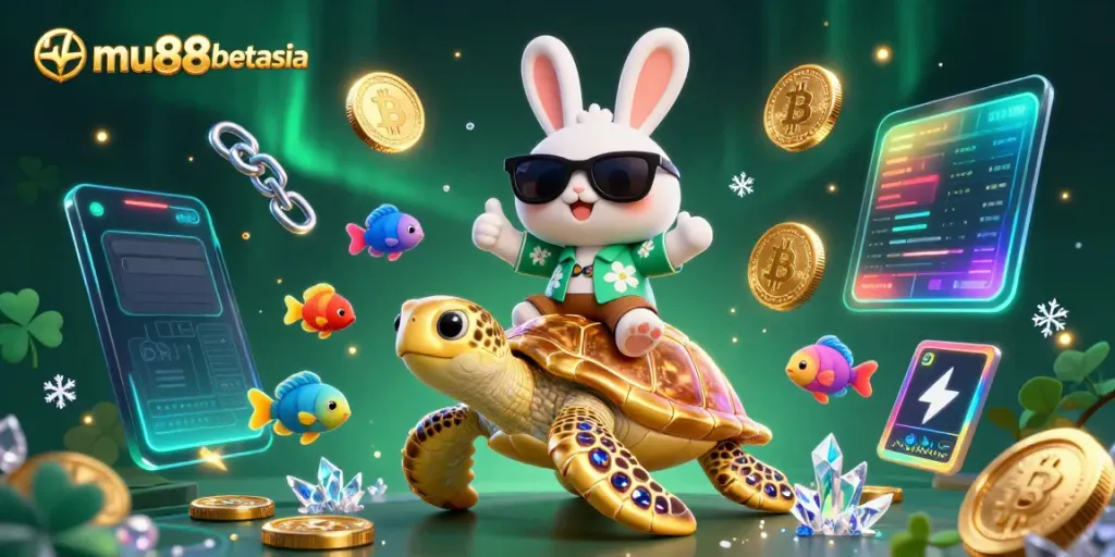 Experience the thrill of mu88betasia with vibrant casino-themed illustration featuring a lucky rabbit and sea turtle.