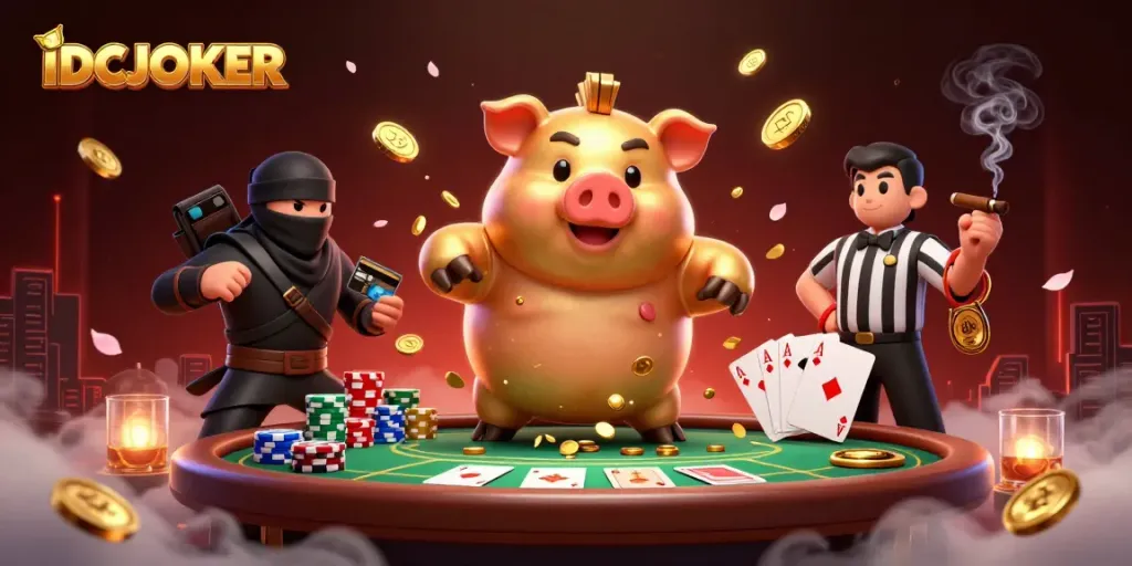 IDCJOKER features a dynamic scene with a golden piggy bank sumo wrestler, wallet ninja, and credit card samurai surrounded by colorful poker elements.