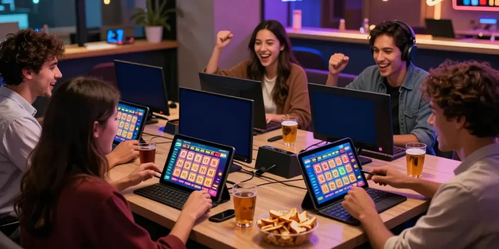 Suasana bermain ratutogel dengan teman-teman di ruang modern, layar menunjukkan kemenangan.