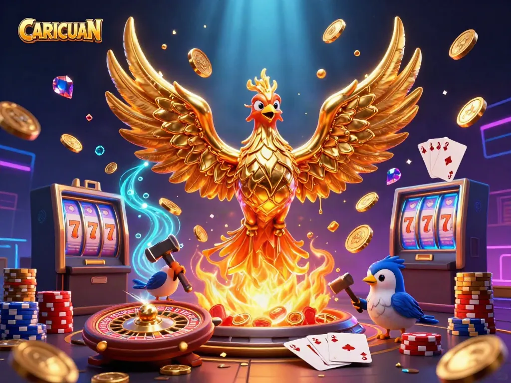 Experience the CARICUAN gaming excitement with a golden phoenix and stunning casino visuals.