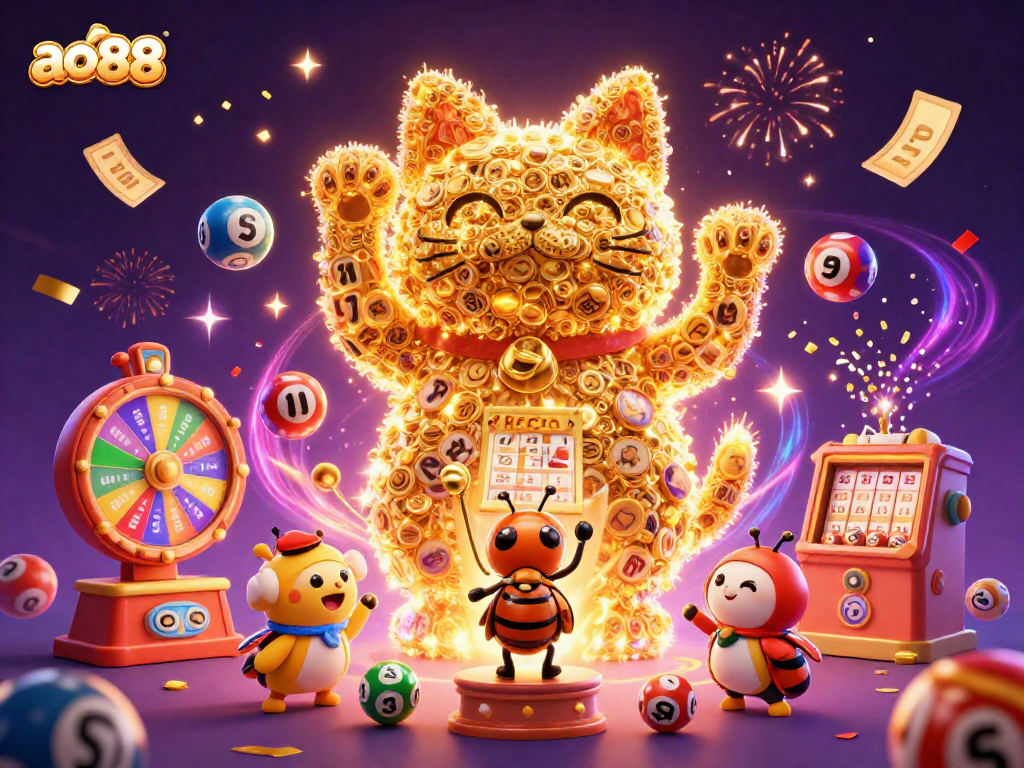 Experience the thrill of ao88 as golden fireflies form a lucky cat amidst vibrant casino symbols.