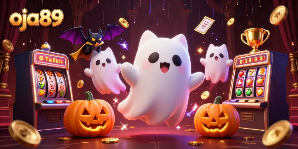 Ilustrasi 3D oja89 menunjukkan kucing hantu mengapung di kasino dengan simbol-slot dan jackpot yang menyenangkan.