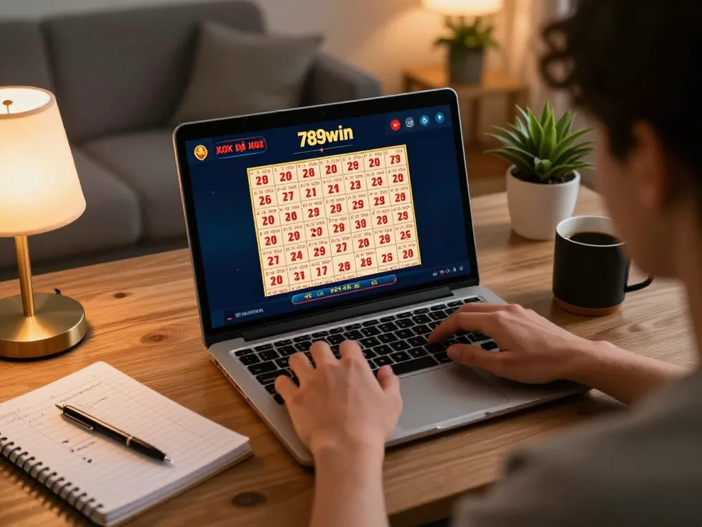xổ số 789win lottery gaming session on a laptop showcasing ticket interface with notes in cozy ambiance