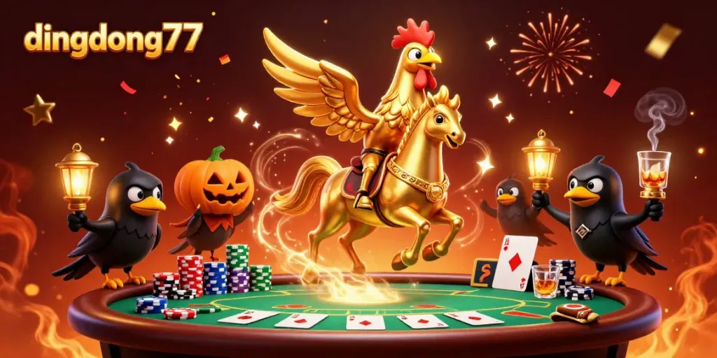 Experience thrilling wins at dingdong77 with golden rooster characters celebrating in a vibrant casino scene.