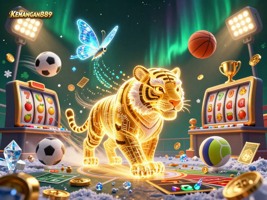 Experience the excitement of KENANGAN889 with dynamic 3D casino elements in a vibrant illustration.