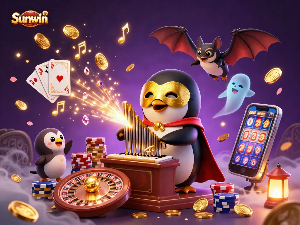 Experience the thrill of gaming at Sunwin with a vibrant 3D illustration featuring a penguin and golden coins.
