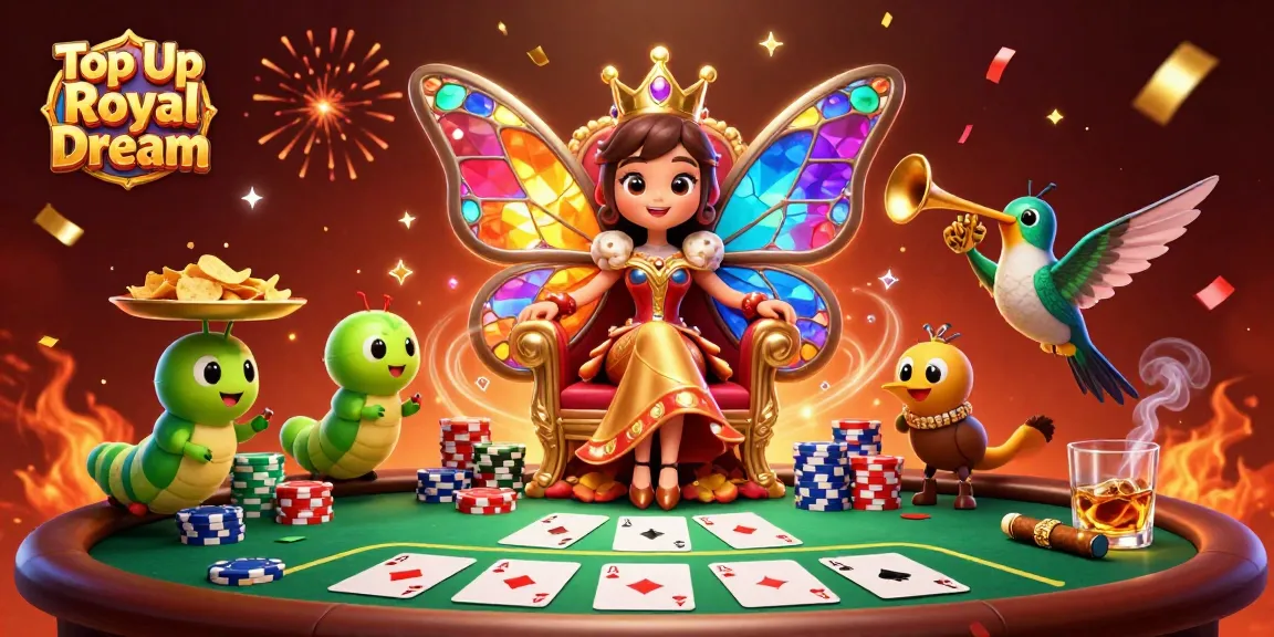 Top Up Royal Dream with a vibrant 3D scene featuring a cartoon butterfly queen and poker elements.