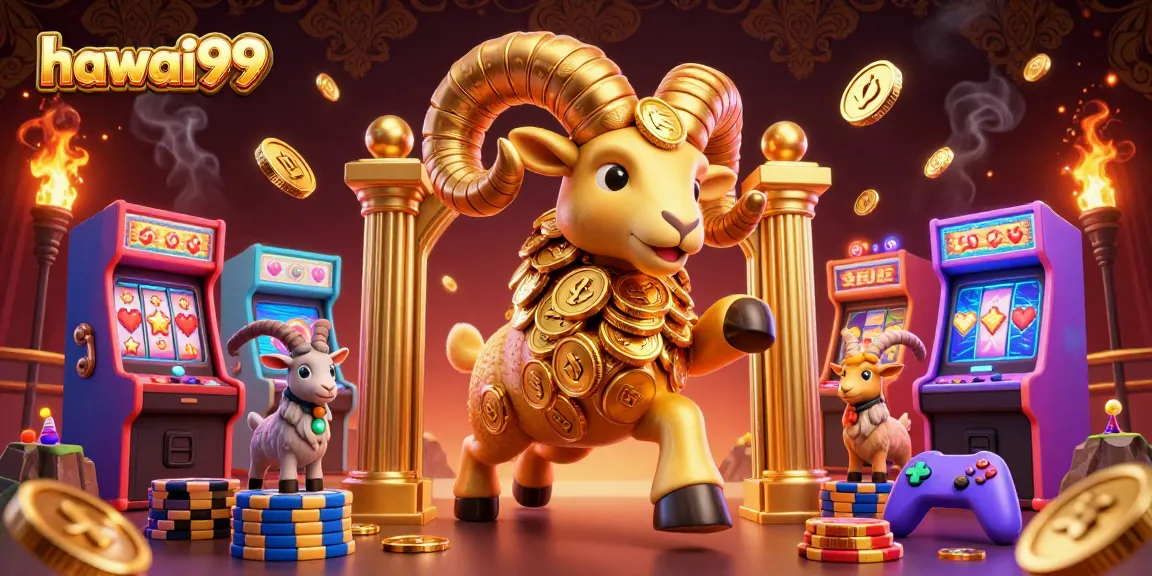 Join the thrilling action at hawai99 with golden ram charging through slots and arcade gaming elements.