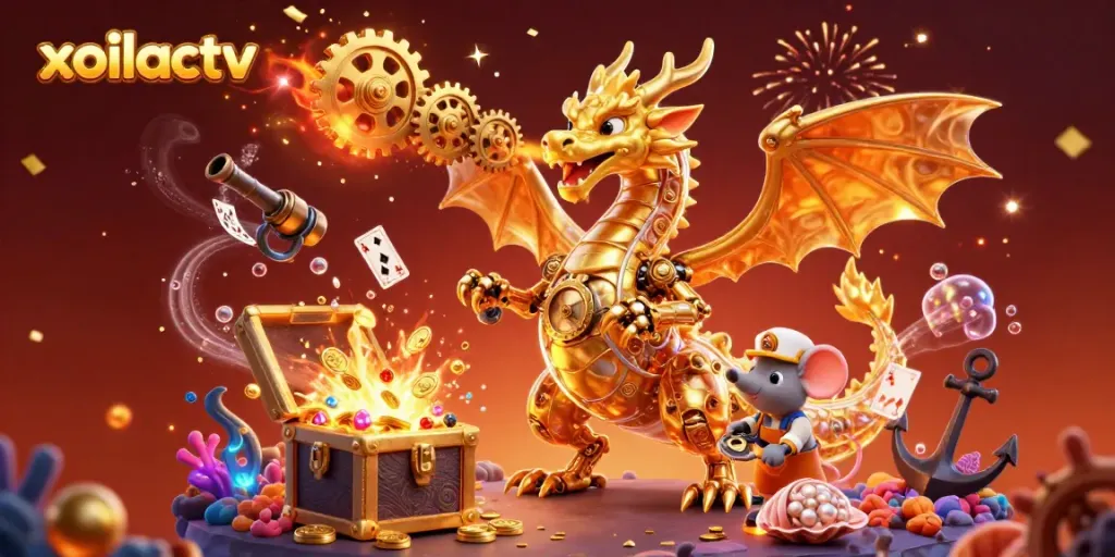 Engage with xoilactv through a vibrant scene of a golden dragon surrounded by treasure and gaming elements.