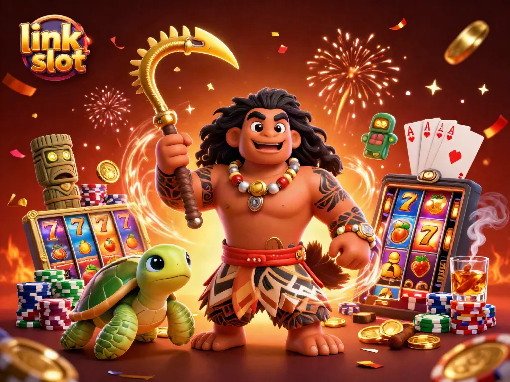Taruhan link slot dengan karakter unik di latar belakang yang penuh warna dan berdering jackpot