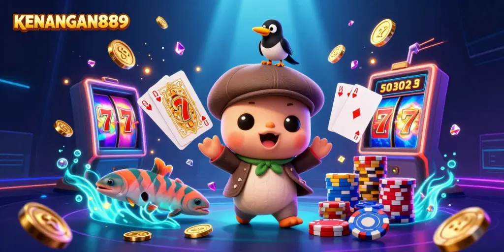 Spin the reels and win big with KENANGAN889: a vibrant casino adventure illustration.
