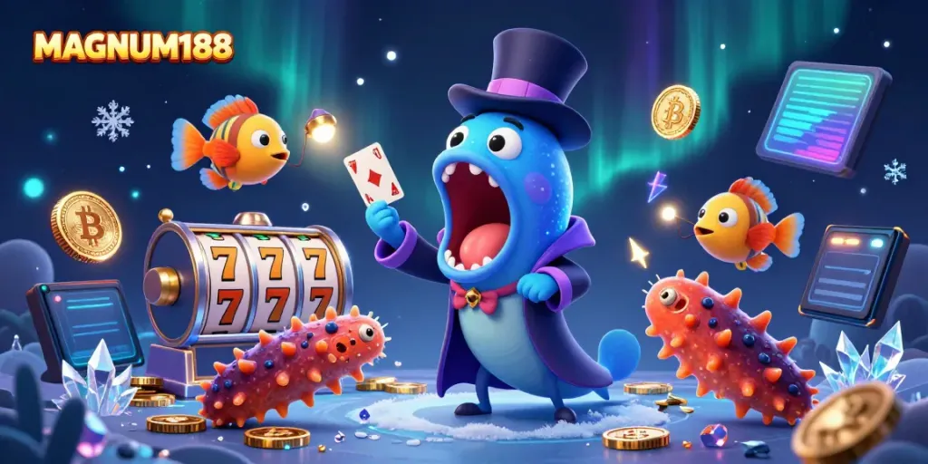 Engage with MAGNUM188's thrilling slot experience, featuring fun characters and vibrant casino elements.