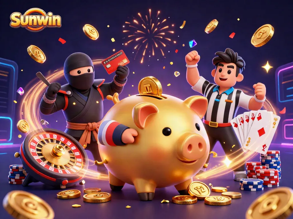 Experience thrilling gaming action at Sunwin with vibrant characters and dynamic casino elements.