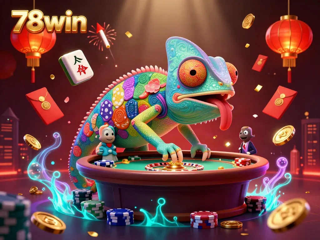 Engaging 3D scene of the colorful chameleon casino owner interacting with themed gambling elements representing 78win.