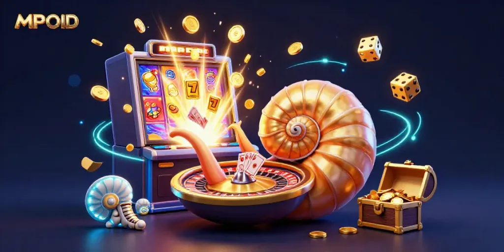 MPOID showcases a vibrant casino scene with a giant nautilus holding cards, surrounded by dynamism like flying coins and glowing treasures.