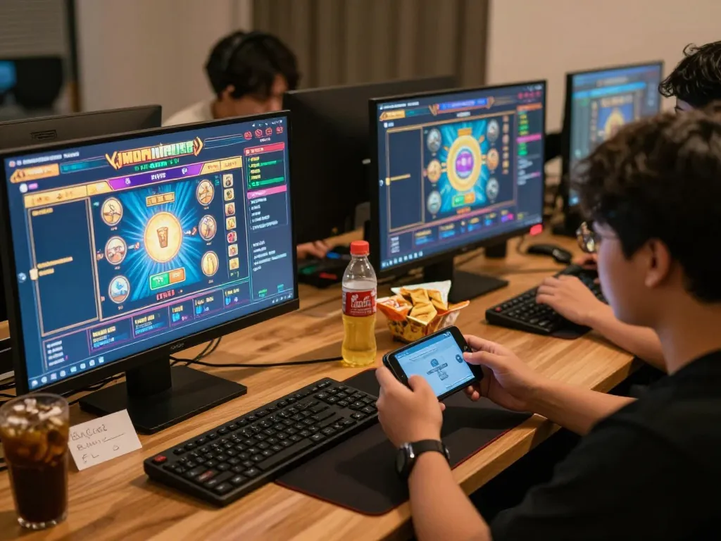 Players engaging with slot gacor games on multiple screens, showcasing an exciting online gambling atmosphere.