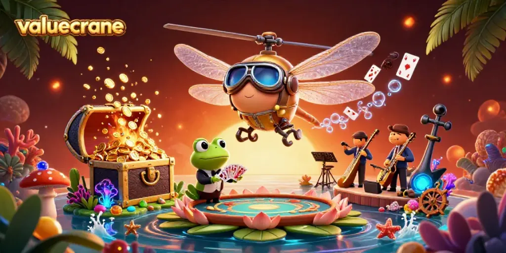 Permainan seru di kasino lily pad dengan valuecrane, croupier katak, dan pemain jazz