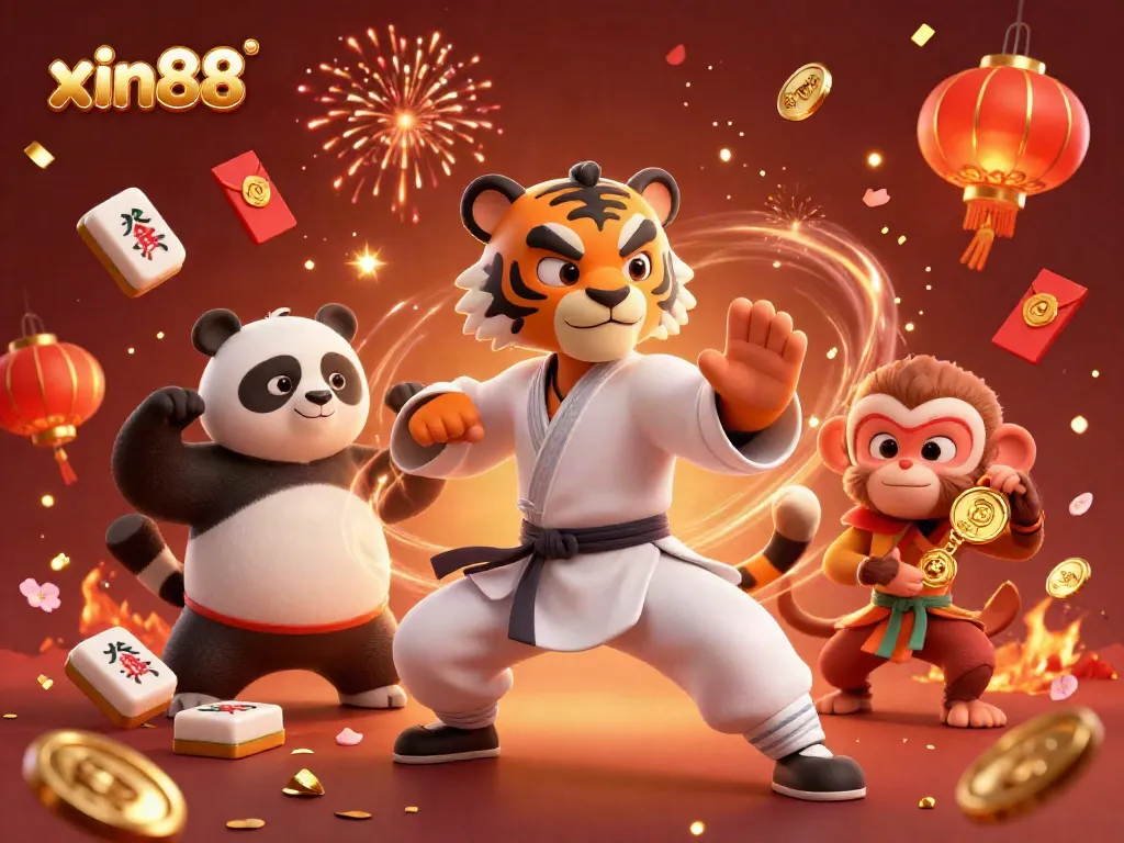 Experience the excitement of xin88 with a dynamic 3D scene featuring a kung fu tiger master, a panda disciple, and a playful monkey amidst festive gambling elements.