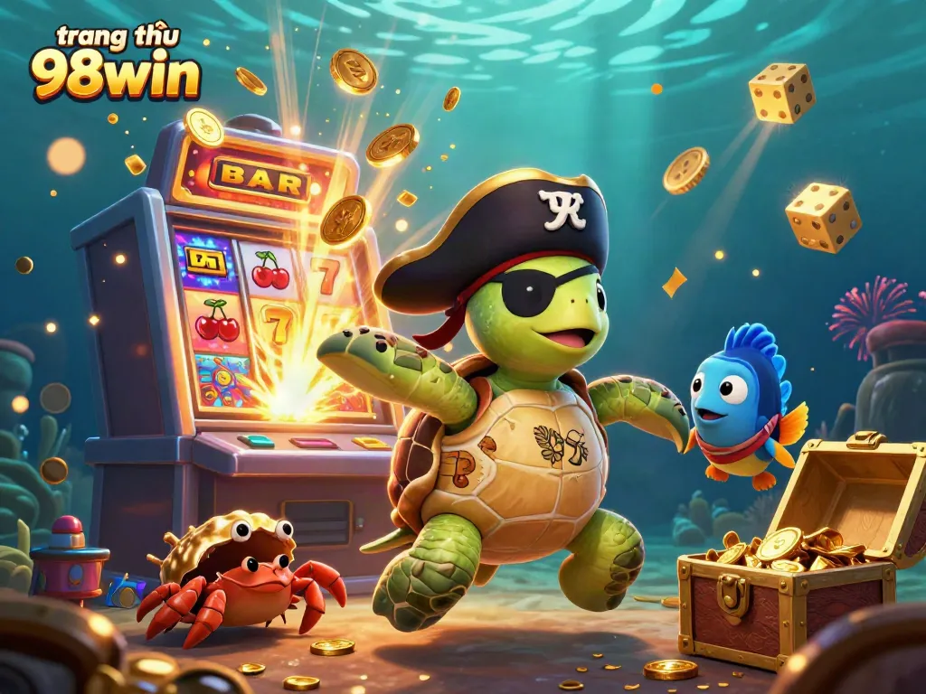 Engaging jackpot scene at trang chủ 98win featuring a pirate turtle, hermit crab, and parrotfish surrounded by casino elements.