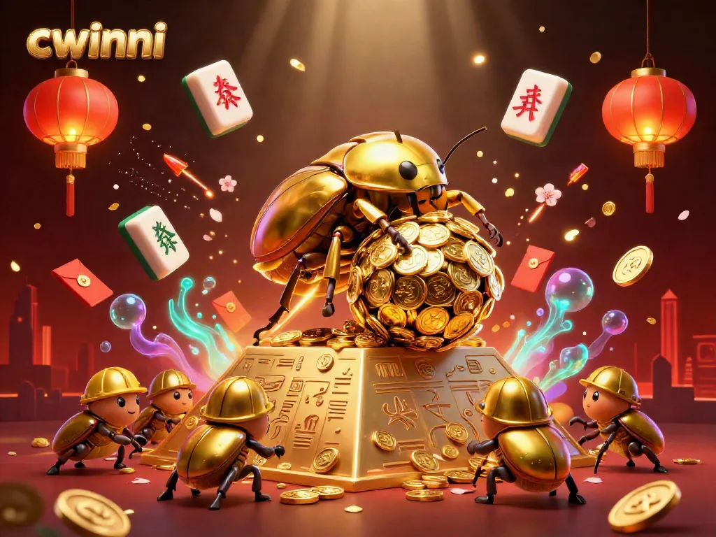 Experience the dynamic online gaming world with cwinni's vibrant casino theme featuring golden beetles and casino elements.