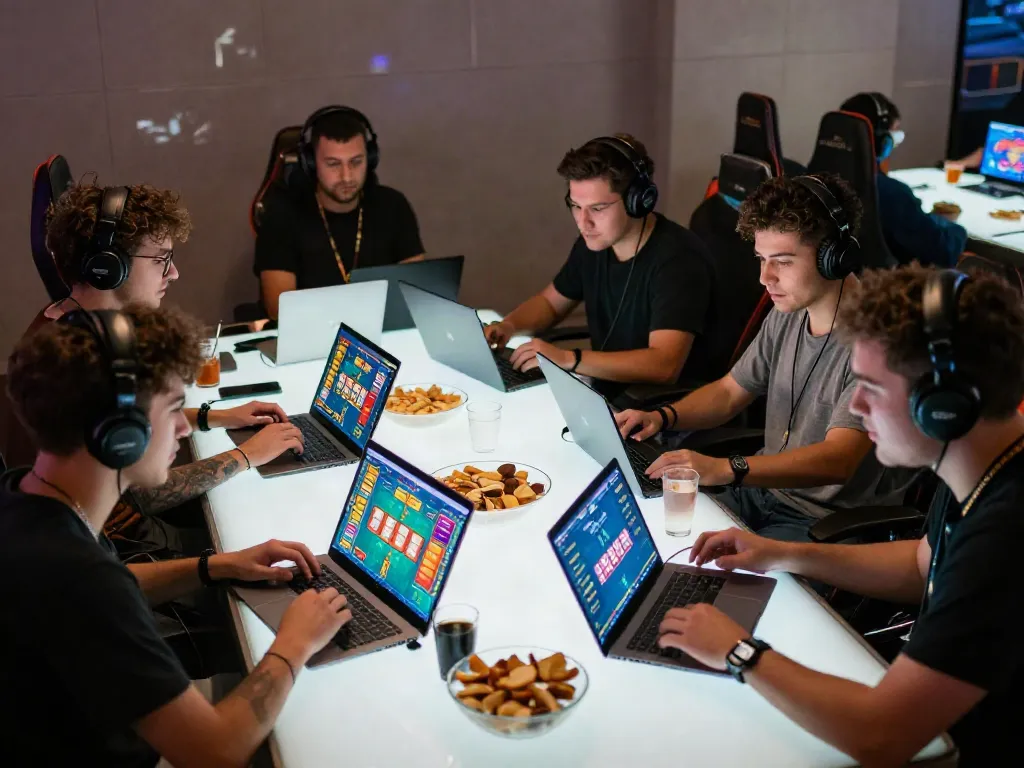 Permainan online dewitogel login di antara sekelompok pemain di ruang eSports yang ramai dan ceria.